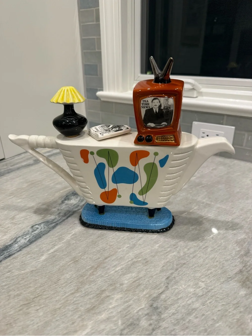 Mid-Century Style Ceramic Teapot Figurine in White with Multicolor Accents